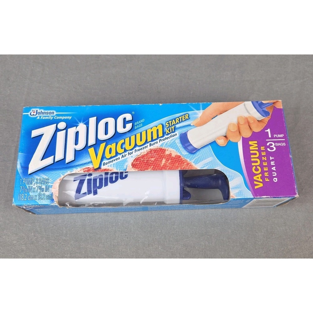 Ziploc Vacuum Starter Kit Hand Pump 3 Freezer Quart Bags New In Box Discontinued